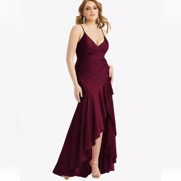Cynthia & Sahar Pleated Wrap Ruffled Hi Low Stretch Satin Gown XXL New Flaw - Picture 1 of 14